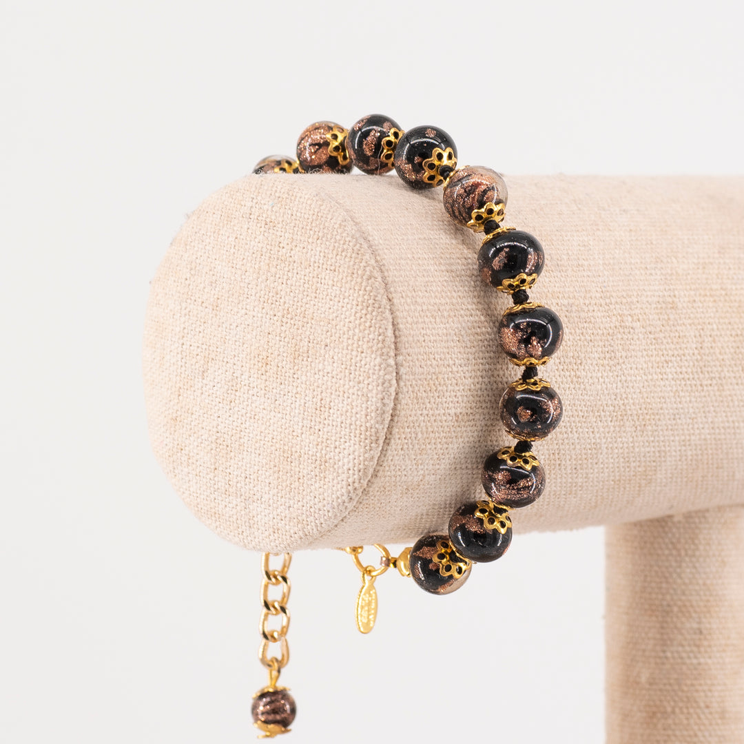 BRACCIALE PERLE SOMMERSO AVVENTURINA IN VETRO DI MURANO ORO NERO
