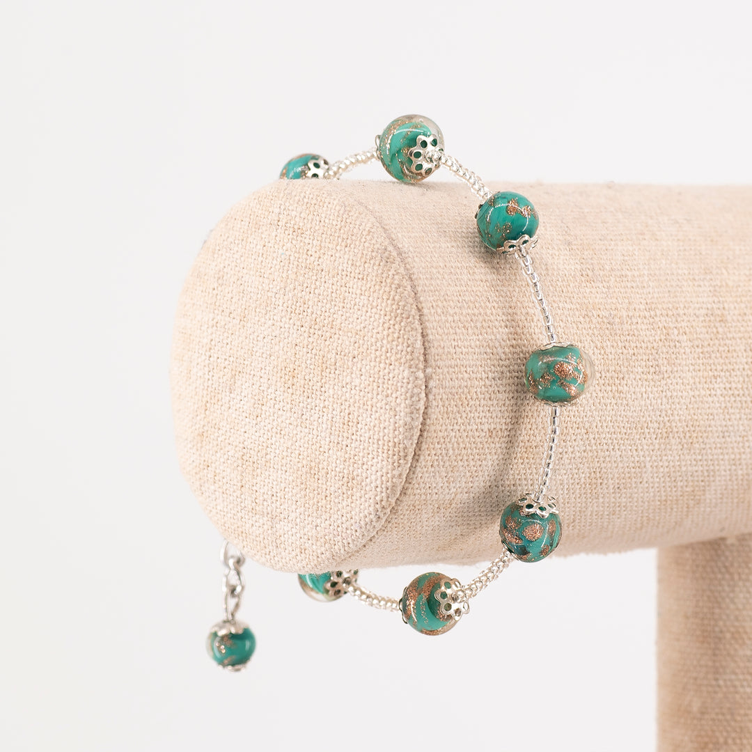 BRACCIALE MURRINA CATENA ARGENTO PERLE IN VETRO DI MURANO PETROLIO