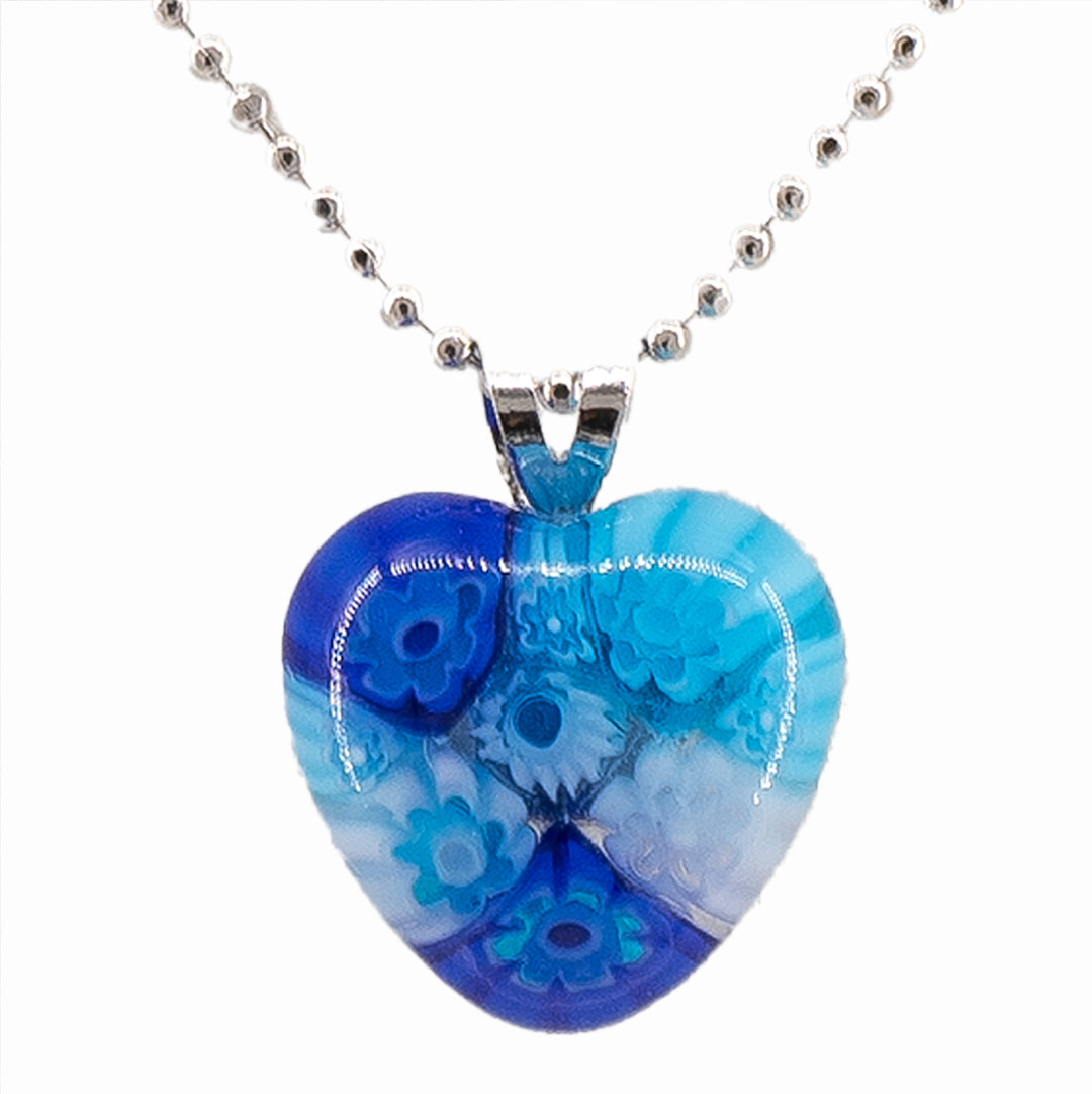 PENDENTE MURANO BALL CHAIN CUORE MILLEFIORI ACQUAMARE