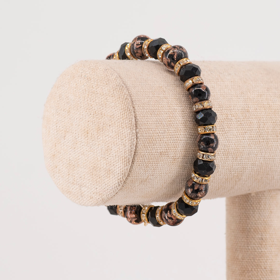 BRACCIALE ELASTICO AVVENTURINA E CRISTALLI IN VETRO DI MURANO ORO NERO