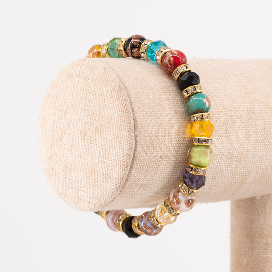BRACCIALE ELASTICO AVVENTURINA E CRISTALLI IN VETRO DI MURANO MULTICOLOR