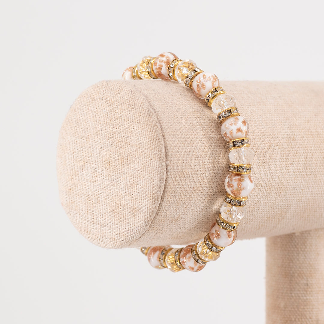 BRACCIALE ELASTICO AVVENTURINA E CRISTALLI IN VETRO DI MURANO ORO BIANCO