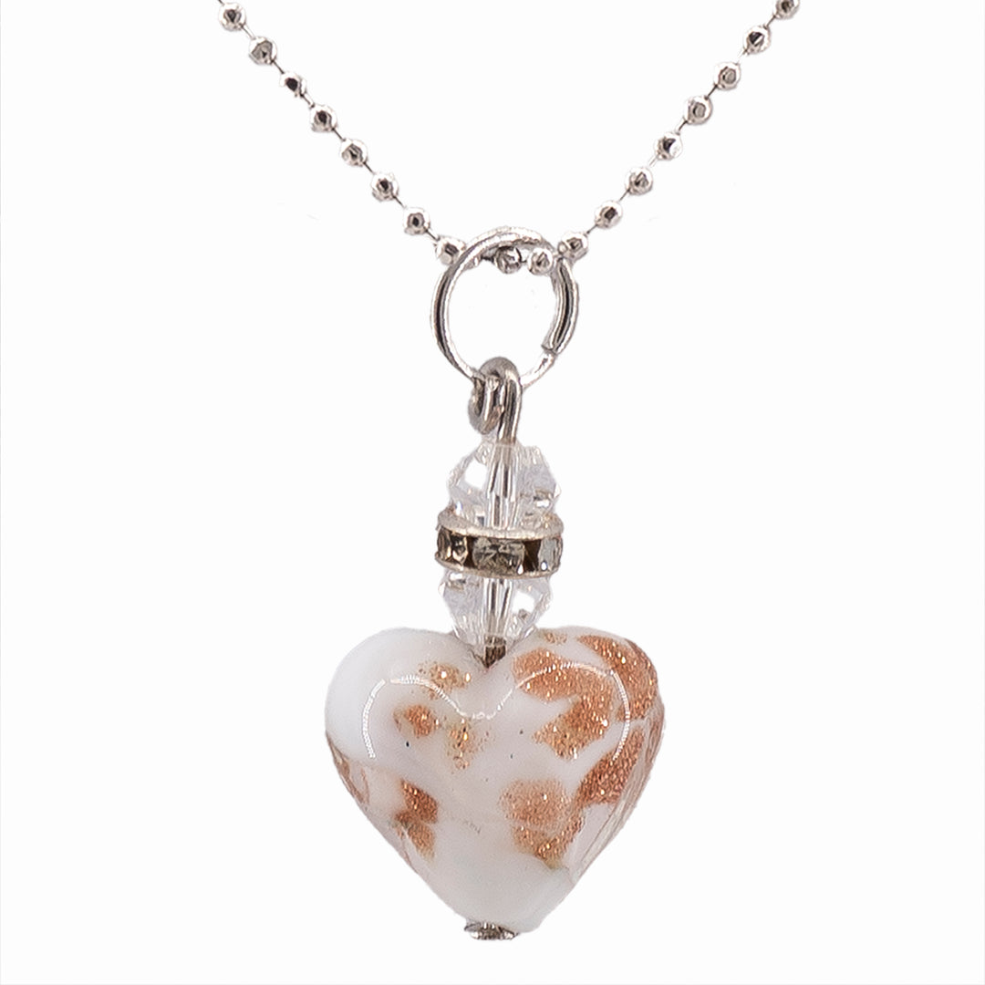 PENDENTE BALL CHAIN CUORE MICRO AVVENTURINA IN VETRO DI MURANO BIANCO