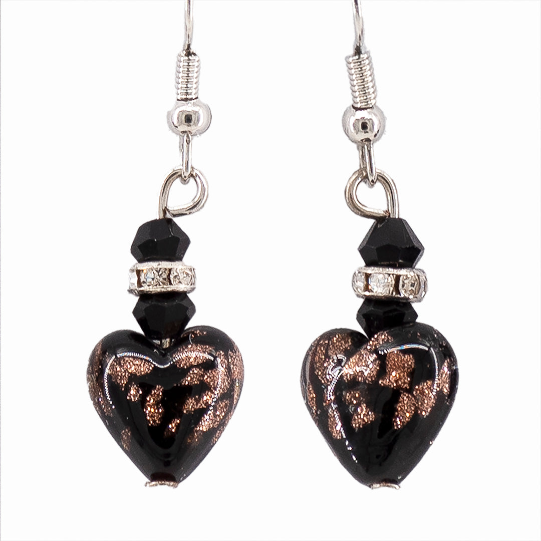 ORECCHINI PENDENTI CUORE IN VETRO DI MURANO - NERO