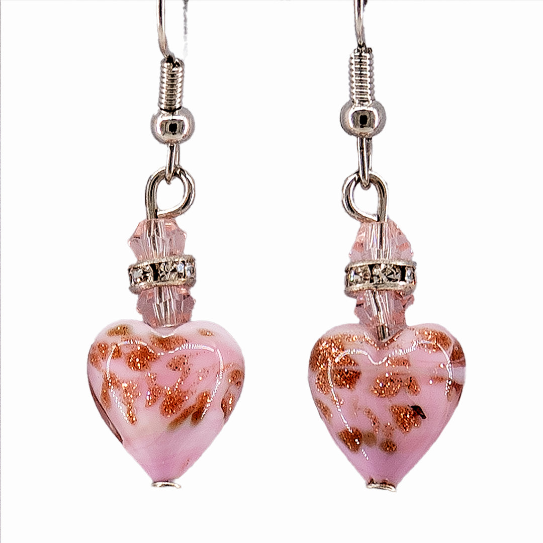 ORECCHINI PENDENTI CUORE IN VETRO DI MURANO - ROSA