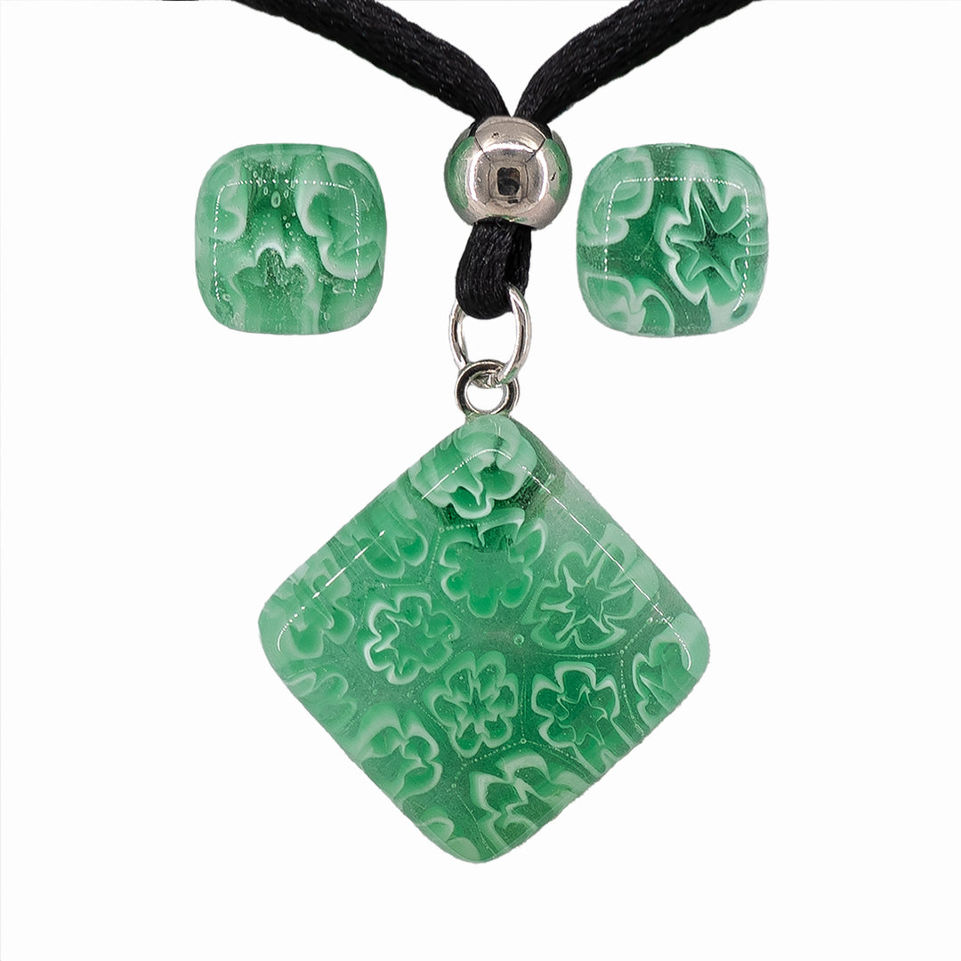 PARURE PIASTRA PENDENTE ROMBO E ORECCHINI IN VETRO DI MURANO VERDE