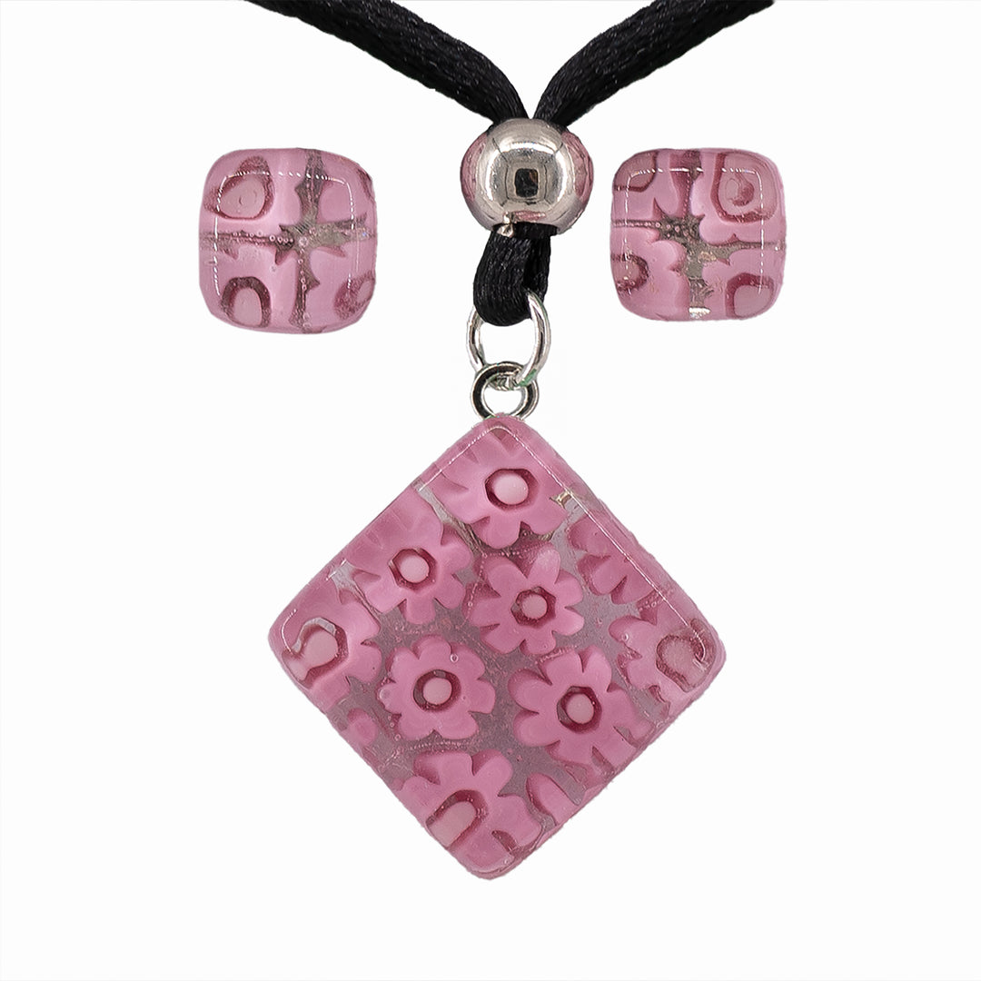 PARURE PIASTRA PENDENTE ROMBO E ORECCHINI IN VETRO DI MURANO ROSA