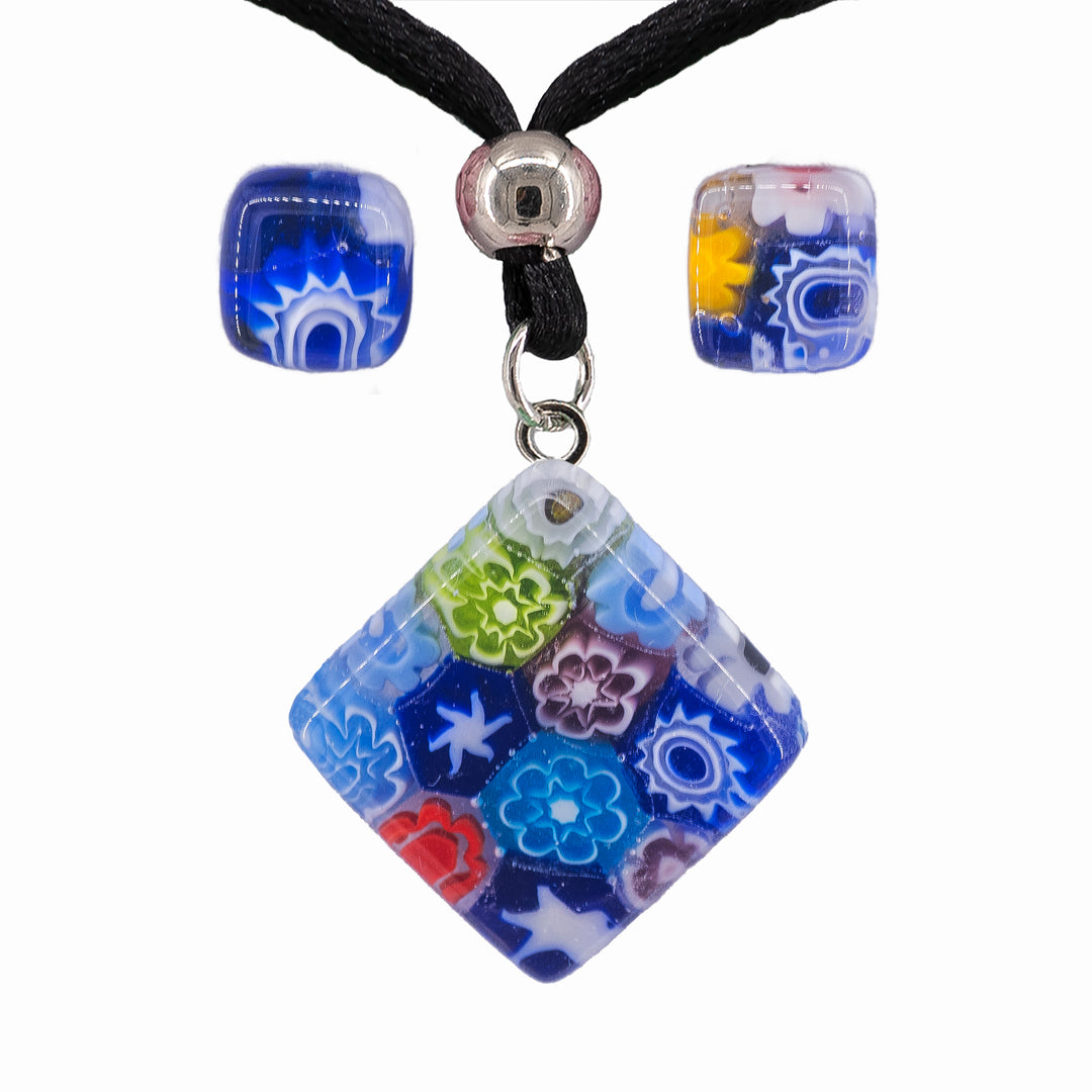 PARURE PIASTRA PENDENTE ROMBO E ORECCHINI IN VETRO DI MURANO MULTICOLOR