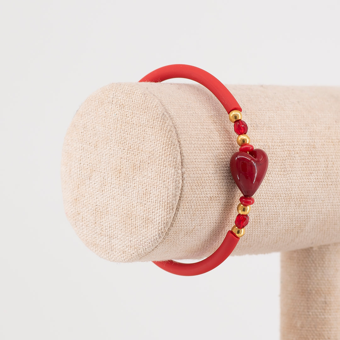 BRACCIALE BANGLE CON CUORE E PERLE IN VETRO DI MURANO ROSSO