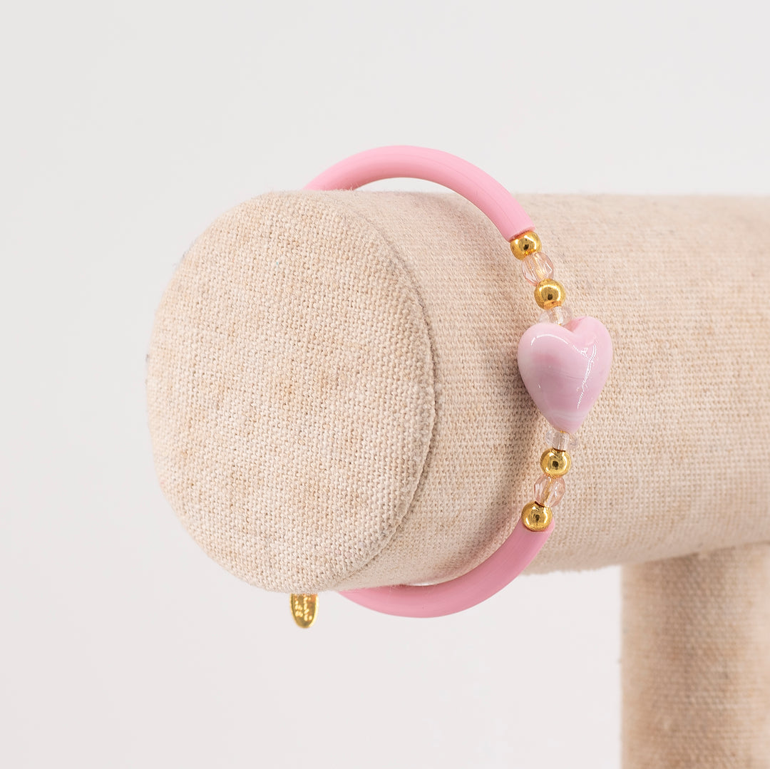 BRACCIALE BANGLE CON CUORE E PERLA IN VETRO DI MURANO ROSA