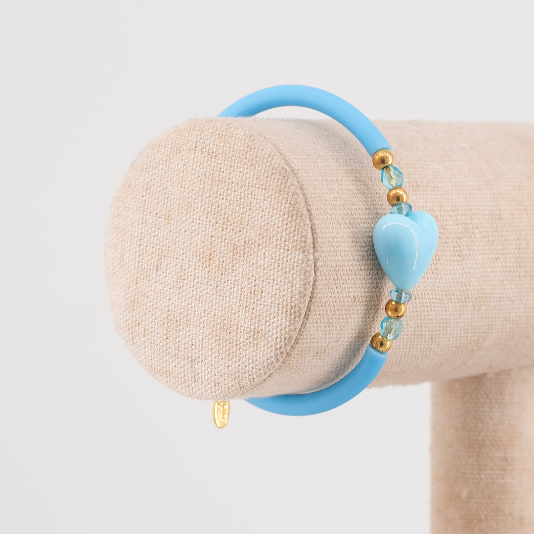 BRACCIALE BANGLE CON CUORE E PERLA IN VETRO DI MURANO CELESTE